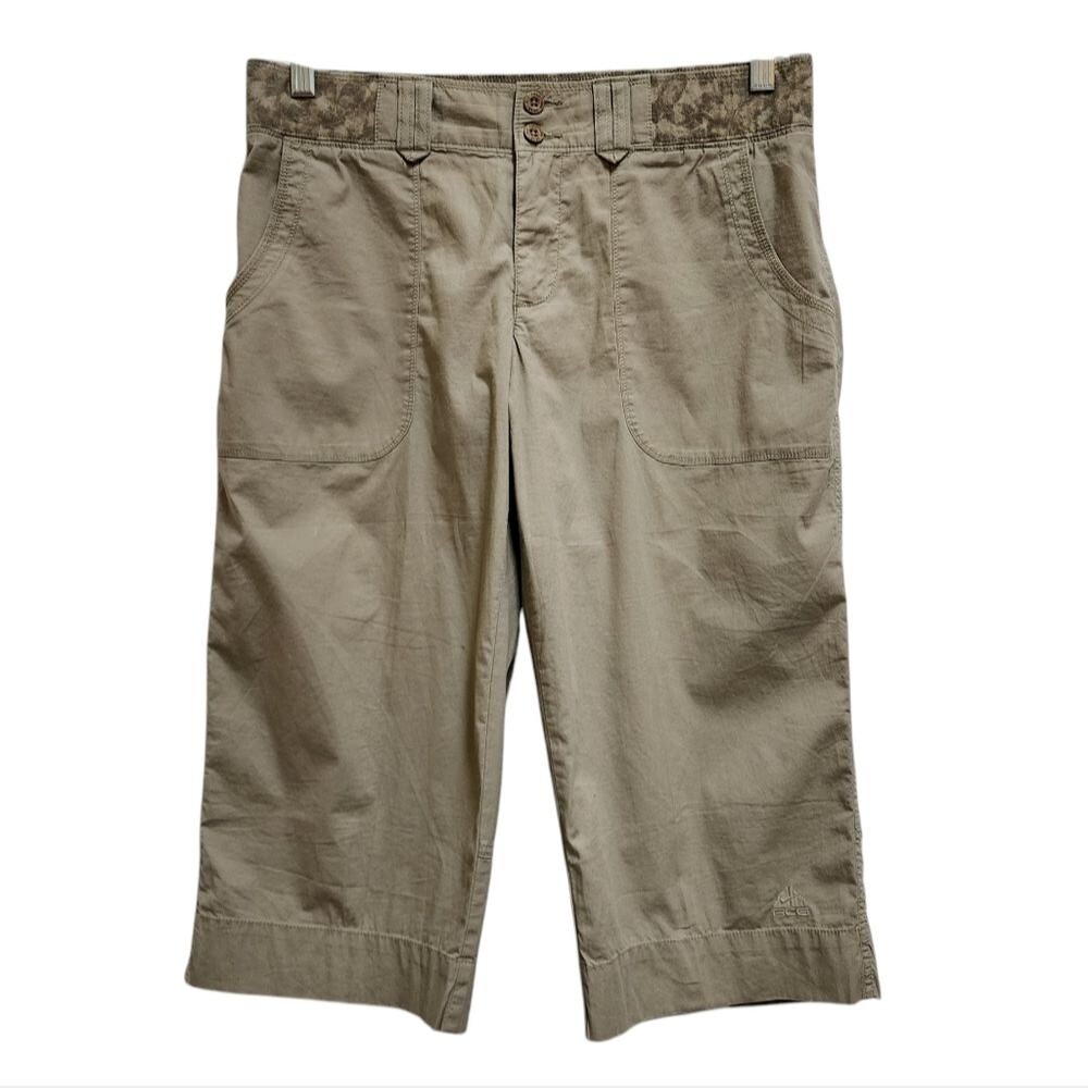 Nike ACG Cropped Hiking Pants Women 8 Tan Button Zip Camo Waist Outdoor Gorpcore